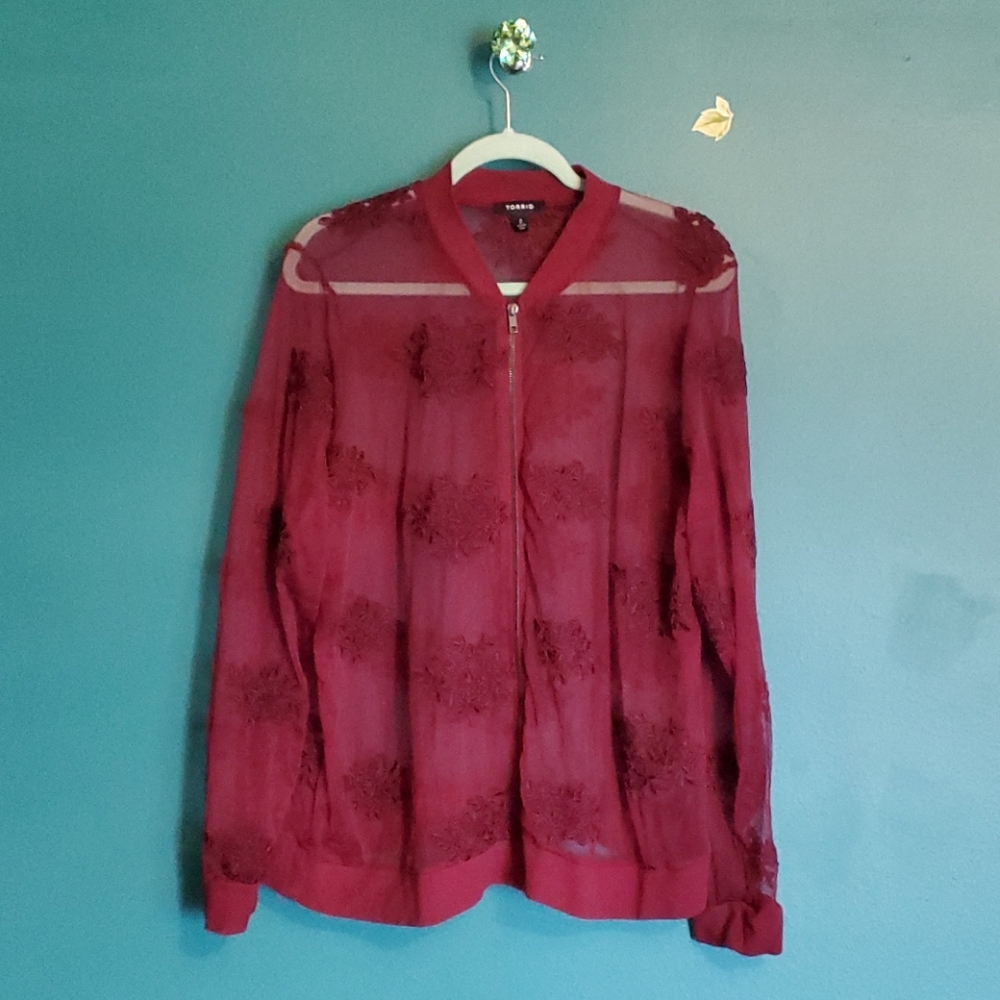 Burgundy tulle and lace applique jacket